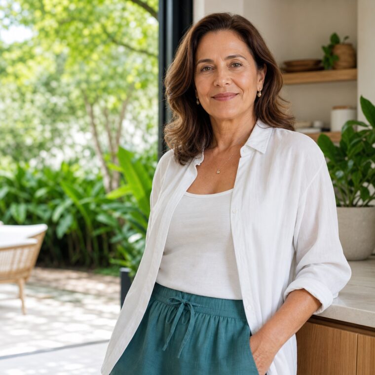 Mulher madura em ambiente natural representando bem-estar e autocuidado